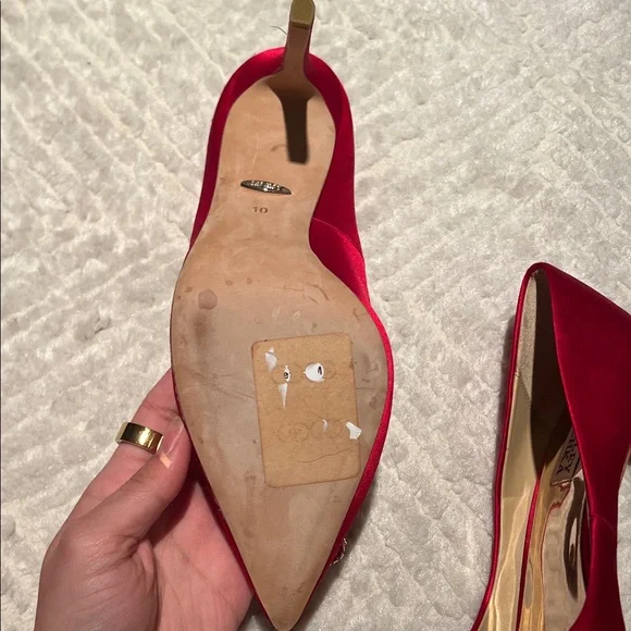 Badgley Mischka Red Satin Heels with Crystal Buckle - Picture 9 of 10